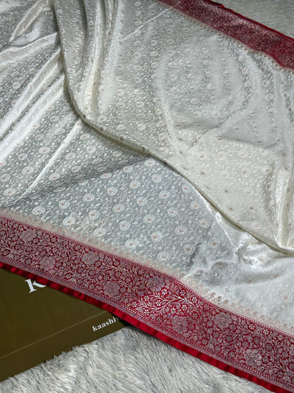 Red and off white luxury premium Banarasi Mashru katan silk saree MK248