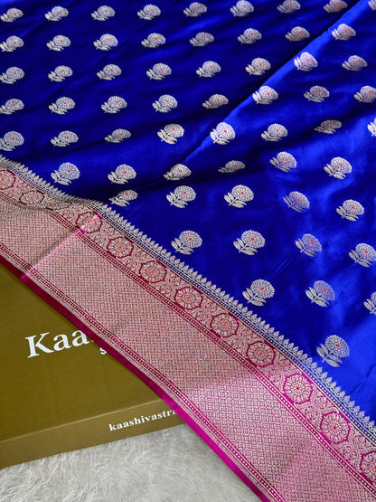 Royal blue with rani pink premium Banarasi Mashru katan silk saree MK282