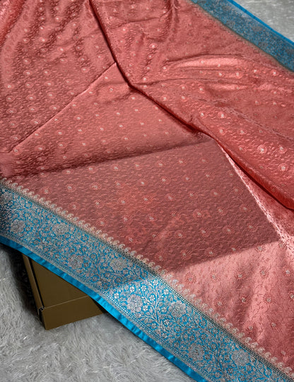 Peach and sky blue color premium Banarasi Mashru katan silk saree MK248
