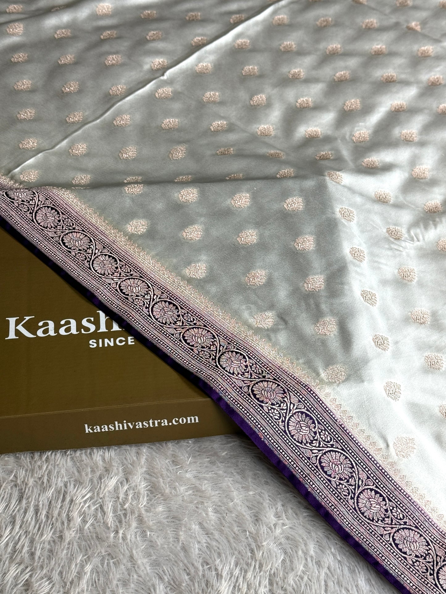Off white with purple colour premium Banarasi Mashru katan silk saree MK290