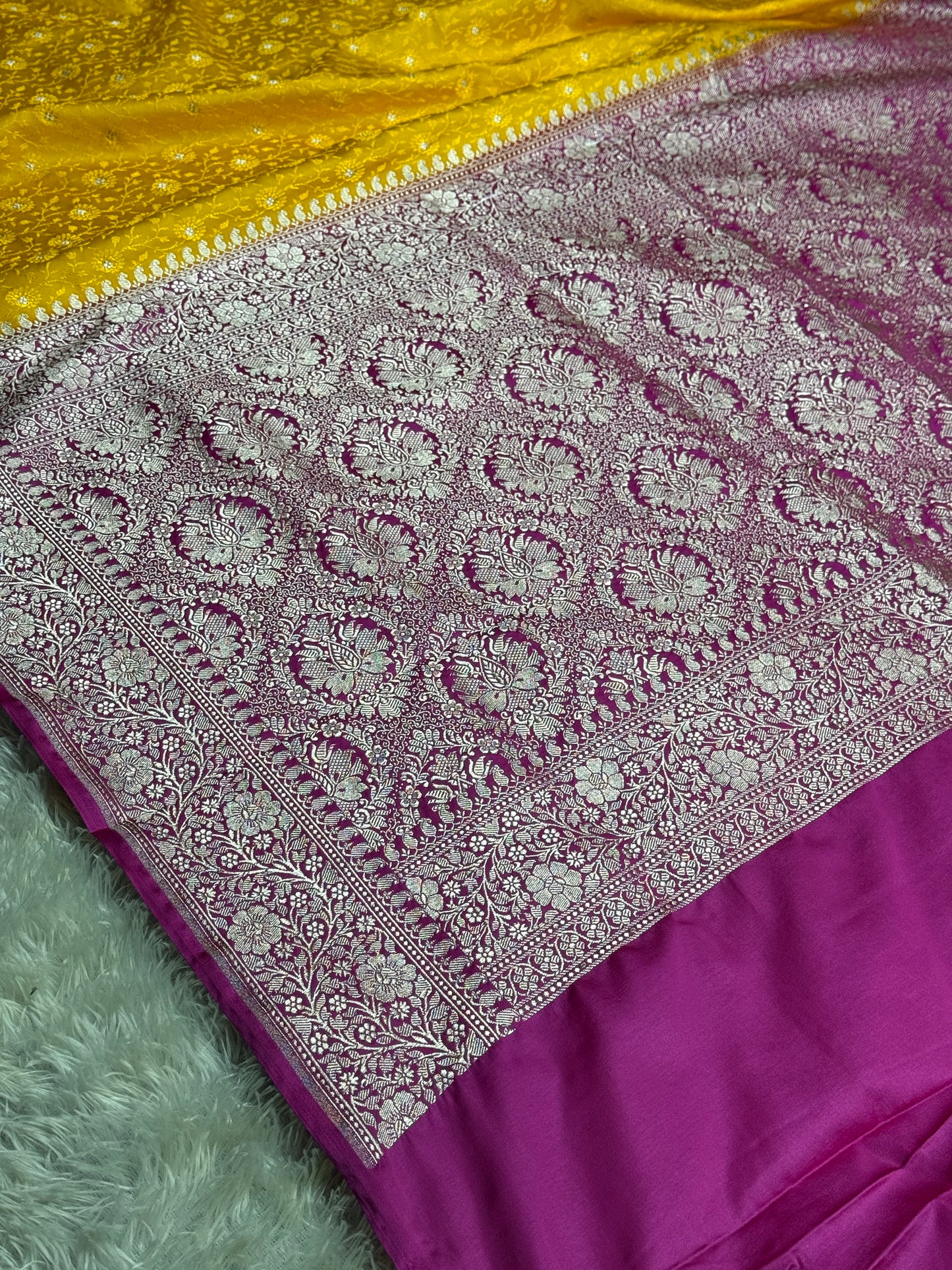 Yellow and pink color premium Banarasi Mashru katan silk saree MK248
