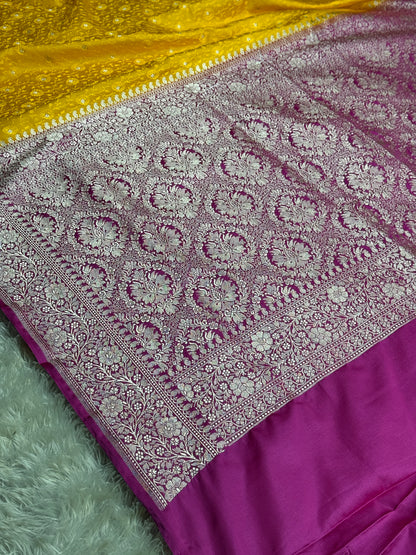 Yellow and pink color premium Banarasi Mashru katan silk saree MK248