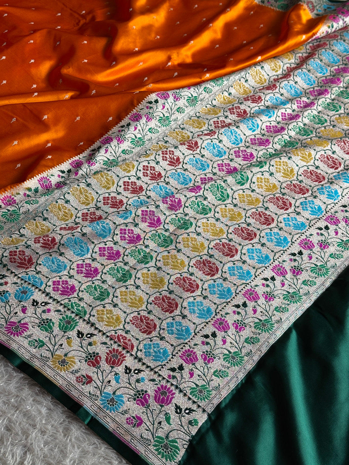 Orange with bottle green premium Banarasi Mashru katan silk saree MK264