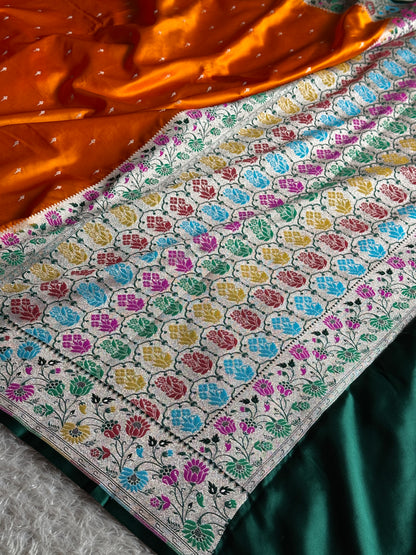 Orange with bottle green premium Banarasi Mashru katan silk saree MK264