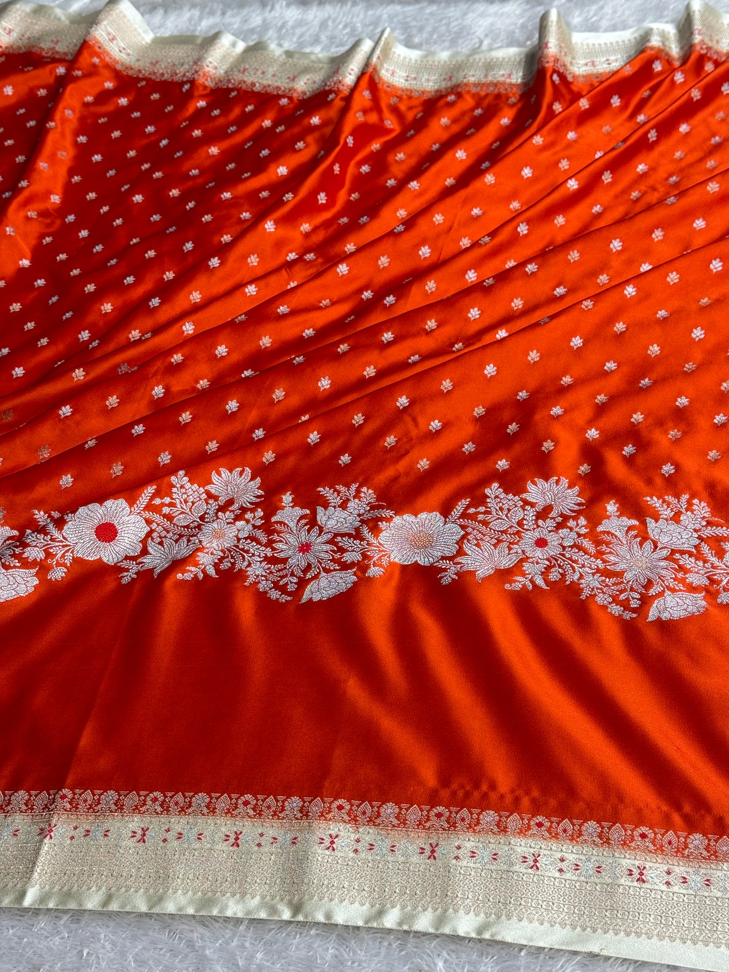 Orange with off white colour premium Banarasi Mashru katan silk saree MK312