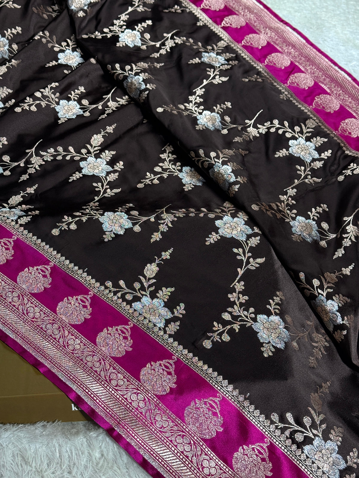 Hot pink coffee brown premium Banarasi Mashru katan silk saree MK258