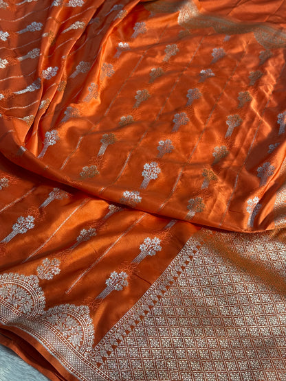 Peach orange Banarasi Mashru katan silk saree MK158