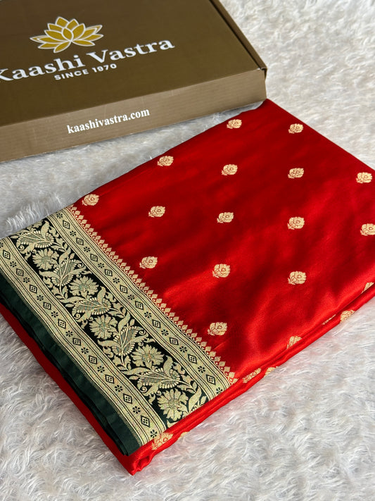 Red and bottle green colour premium Banarasi Mashru katan silk saree MK182