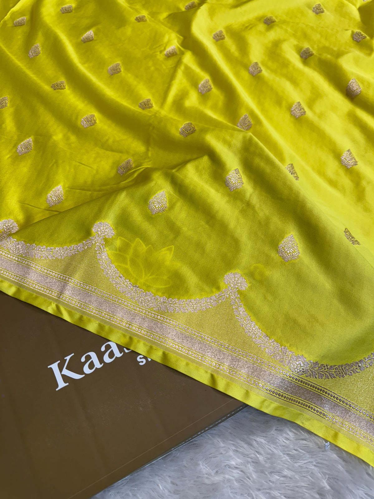 Lemon yellow premium Banarasi Mashru katan silk saree