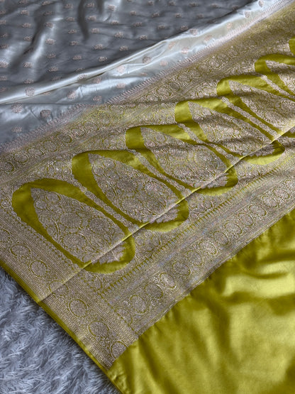 Lemon with off white colour premium Banarasi Mashru silk saree MK290