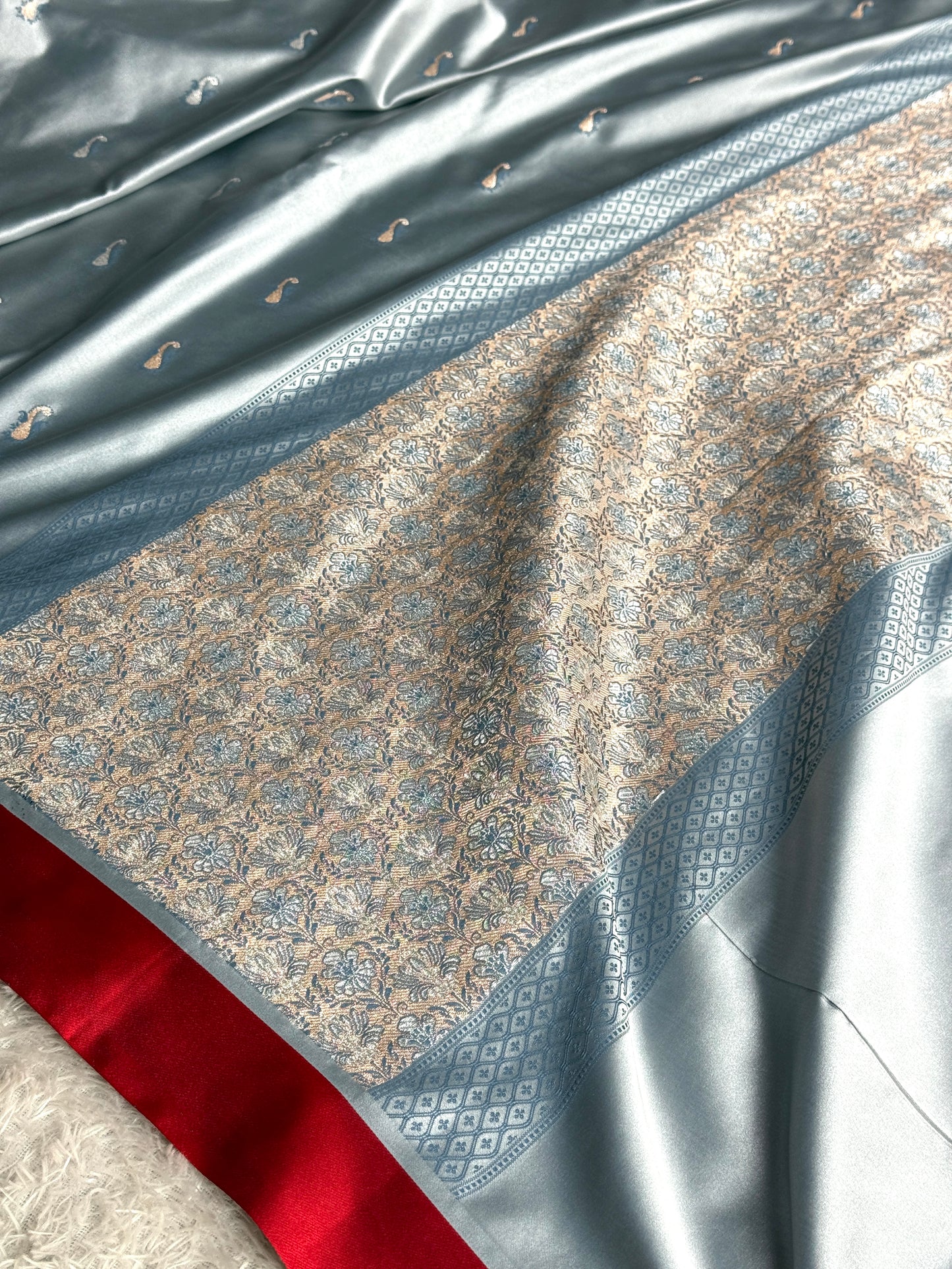 Grey with red premium Banarasi Mashru katan silk saree MK283