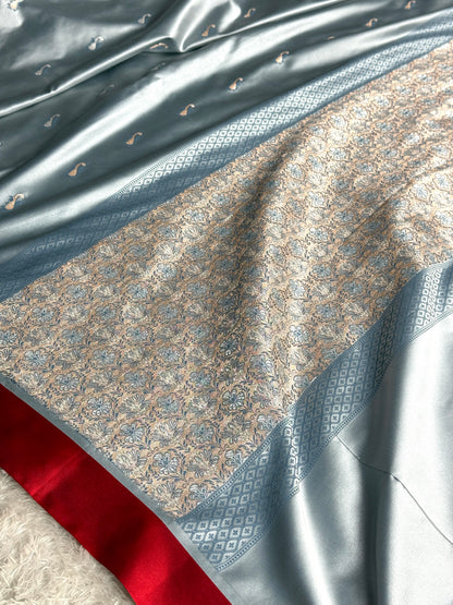 Grey with red premium Banarasi Mashru katan silk saree MK283
