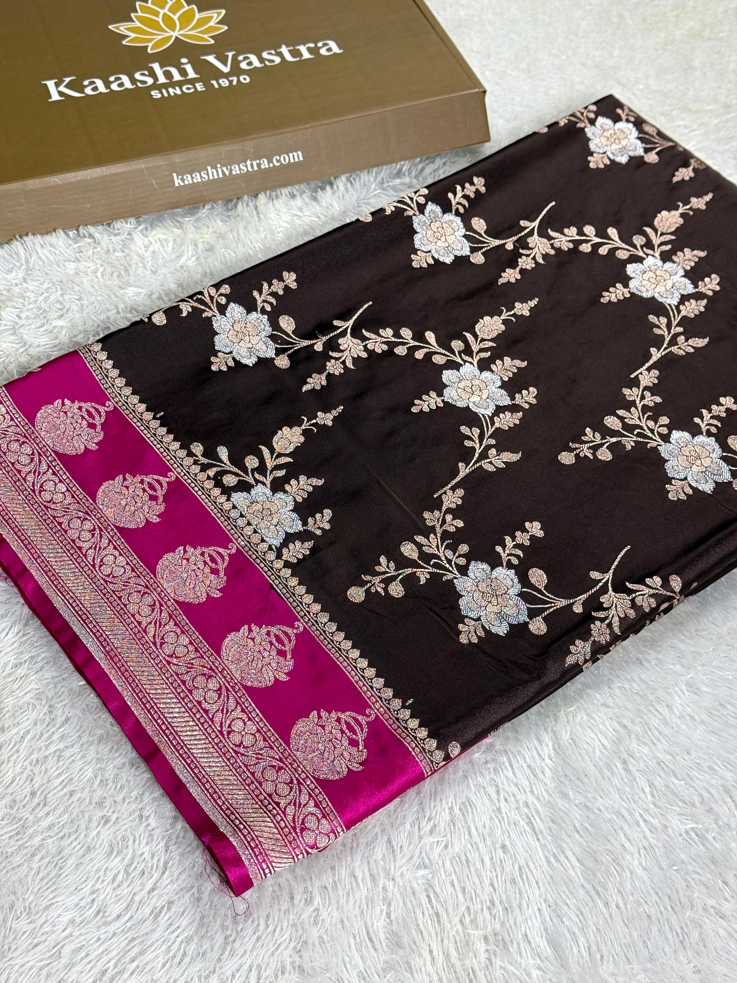 Hot pink coffee brown premium Banarasi Mashru katan silk saree MK258