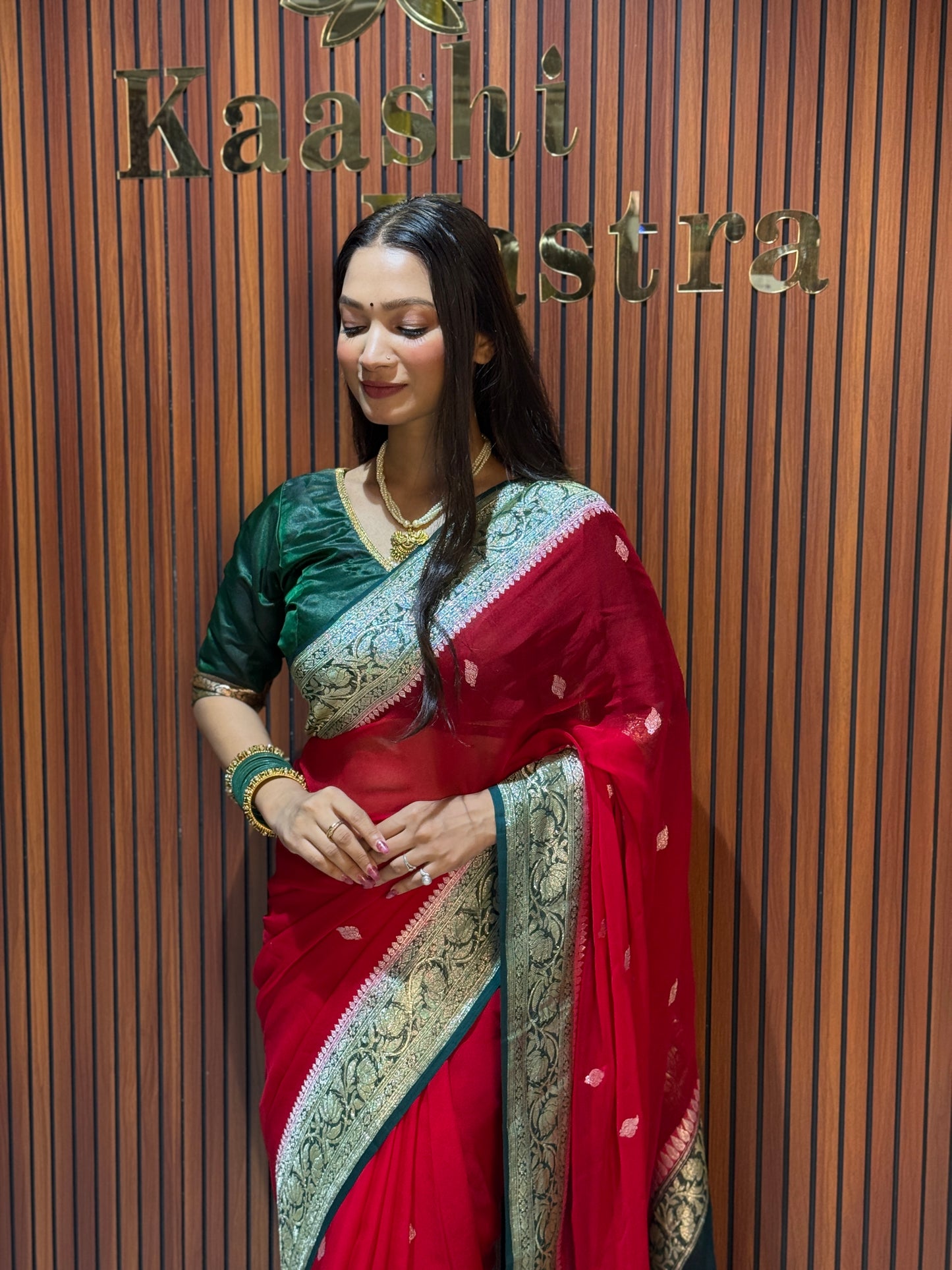 Red with bottle green colour premium Banarasi pure khaddi chiffon silk saree KC102