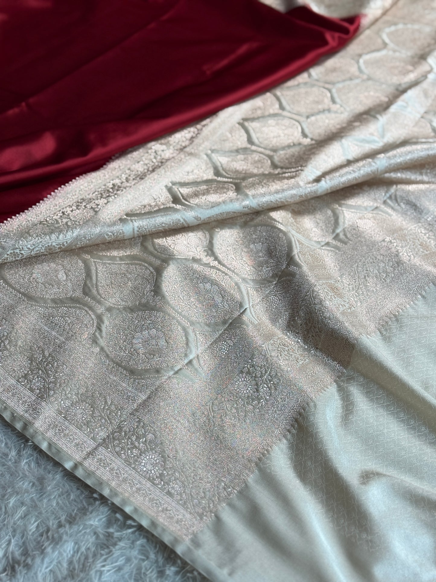 Maroon with off white premium Banarasi Mashru katan silk saree MK284