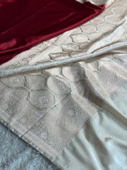 Maroon with off white premium Banarasi Mashru katan silk saree MK284