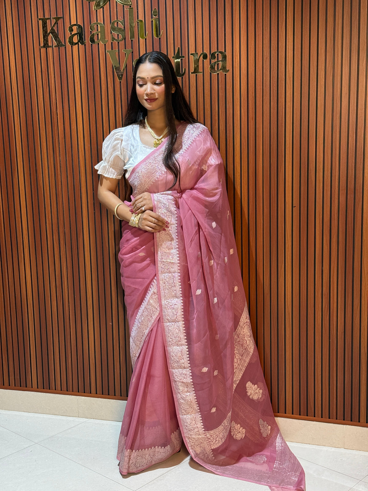 ONION PINK Banarasi pure khaddi chiffon silk saree KC101