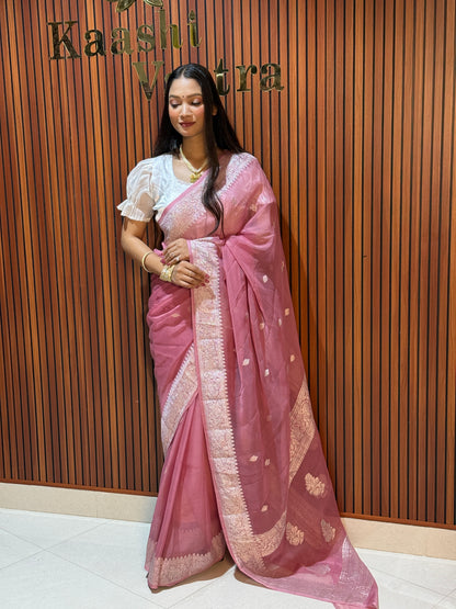 ONION PINK Banarasi pure khaddi chiffon silk saree KC101