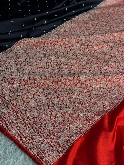 Premium Banarasi red with black colour premium Mashru katan silk saree MK356