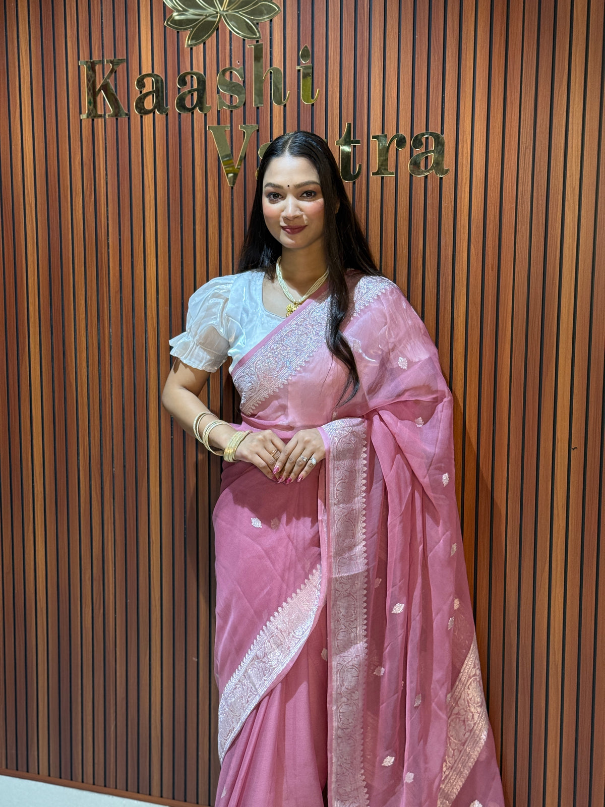 ONION PINK Banarasi pure khaddi chiffon silk saree KC101