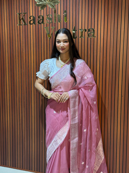 ONION PINK Banarasi pure khaddi chiffon silk saree KC101