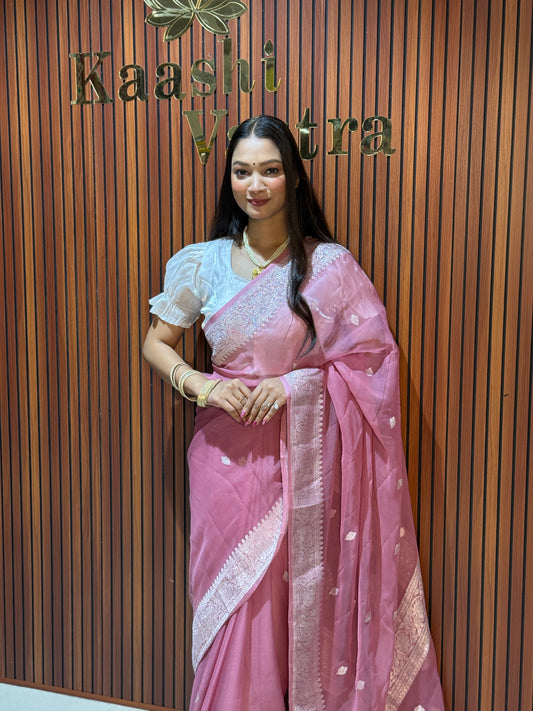 ONION PINK Banarasi pure khaddi chiffon silk saree KC101