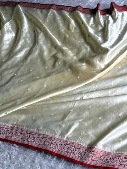 Cream with red colour premium Banarasi Mashru katan silk saree MK287