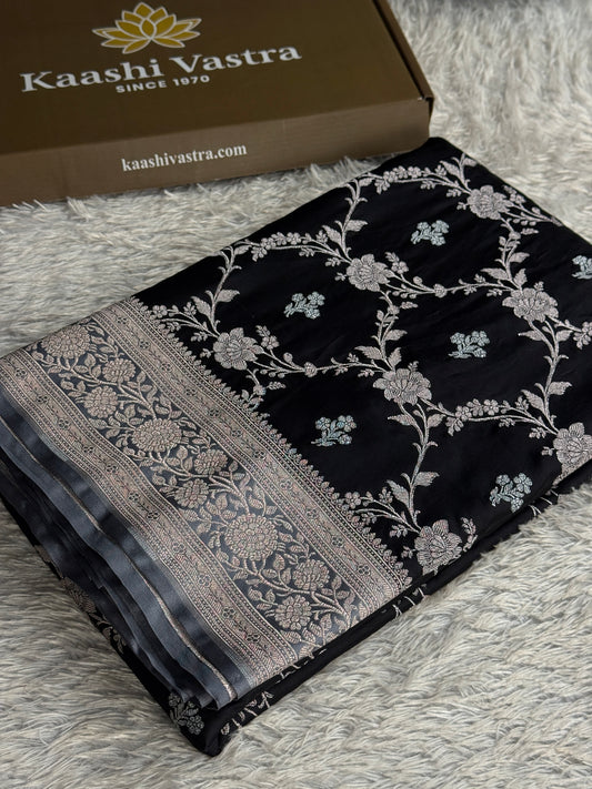 Black and grey colour premium Banarasi Mashru katan silk saree MK339