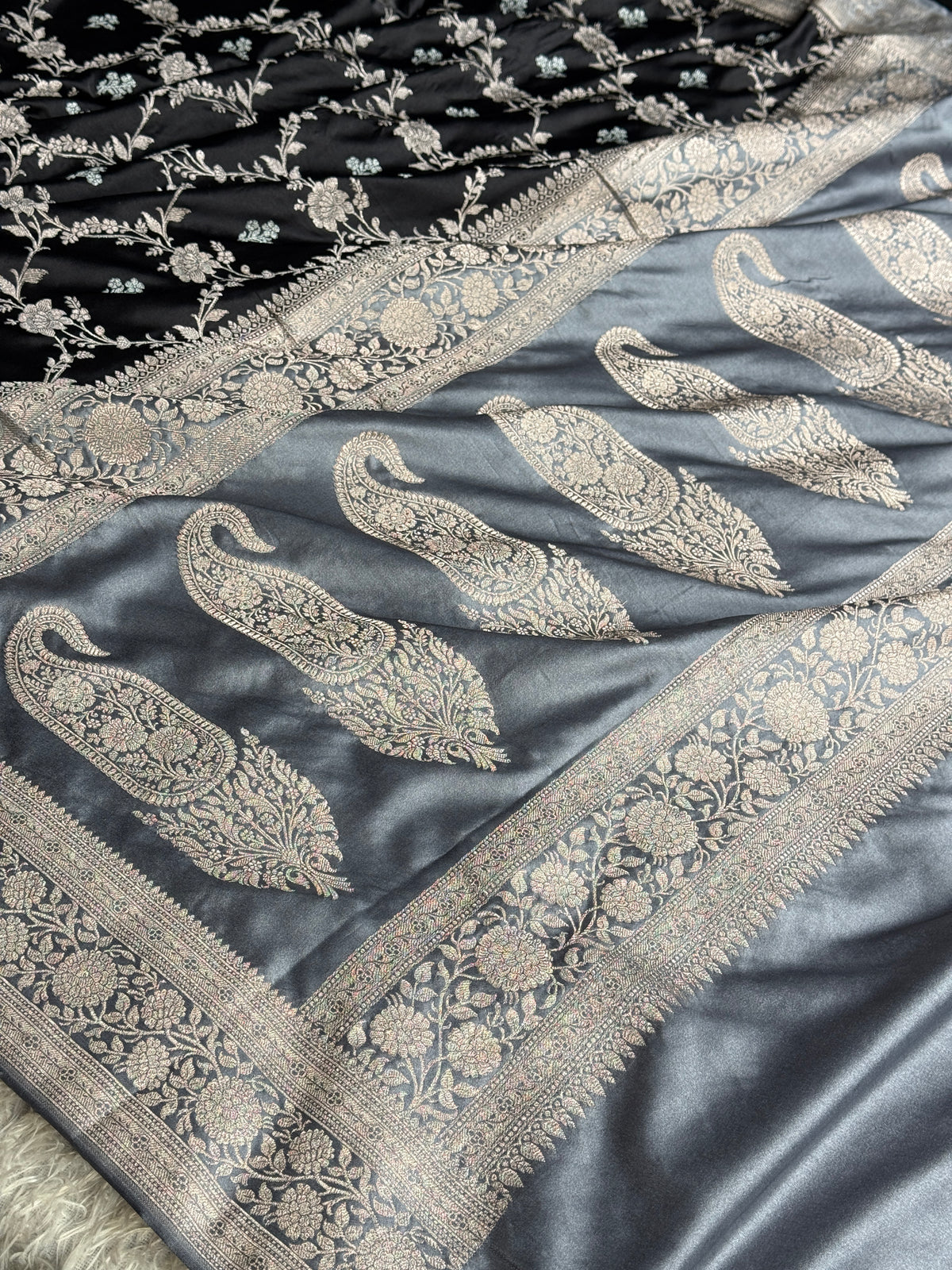 Black and grey colour premium Banarasi Mashru katan silk saree MK339