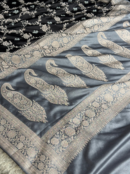 Black and grey colour premium Banarasi Mashru katan silk saree MK339