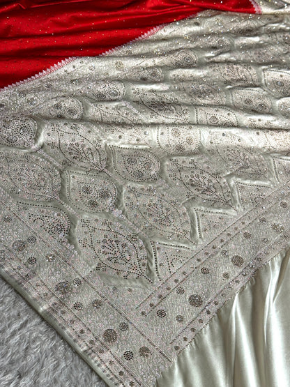 Bridal red with off white colour premium Banarasi Mashru katan silk saree MK268