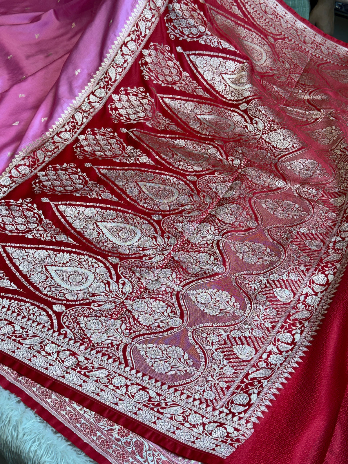 Pink with cherry red premium Banarasi Mashru katan silk saree MK281