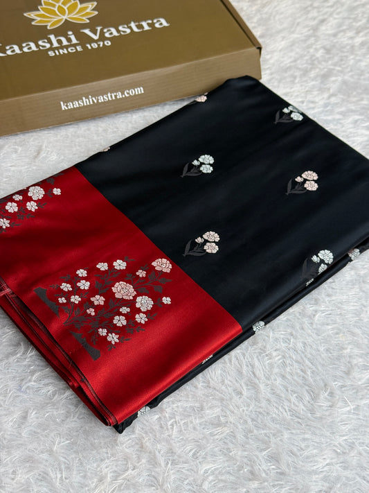 Black and red colour premium Banarasi Mashru katan silk saree MK323