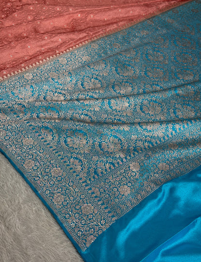 Peach and sky blue color premium Banarasi Mashru katan silk saree MK248