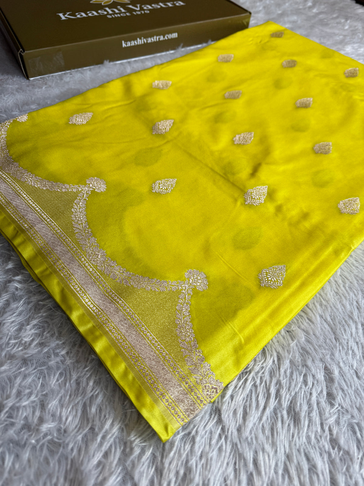 Lemon yellow premium Banarasi Mashru katan silk saree