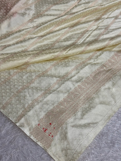 Orange with off white colour premium Banarasi Mashru katan silk saree MK312
