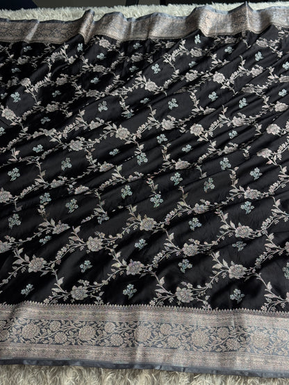Black and grey colour premium Banarasi Mashru katan silk saree MK339