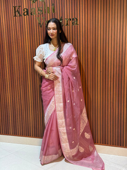 ONION PINK Banarasi pure khaddi chiffon silk saree KC101