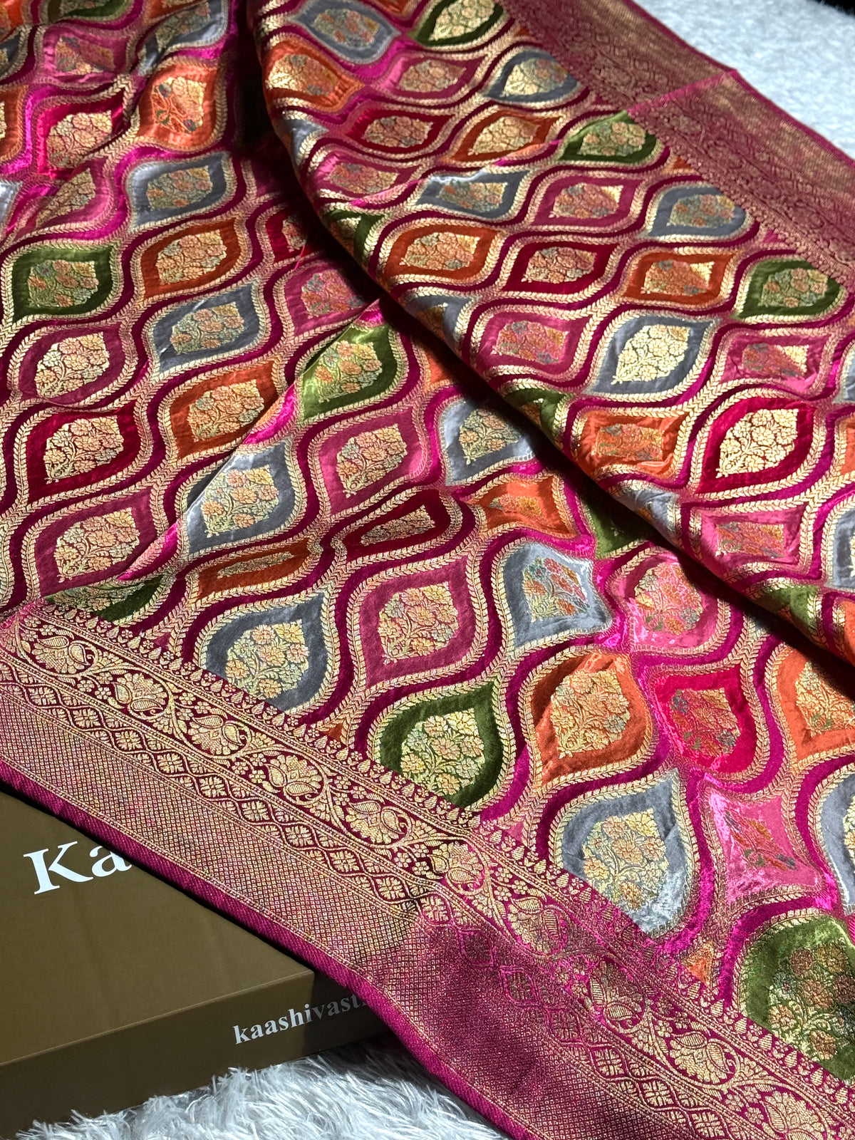 Hot pink rangkat Banarasi pure soft satin pashmina silk saree PM105