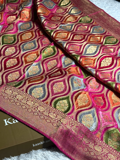 Hot pink rangkat Banarasi pure soft satin pashmina silk saree PM105