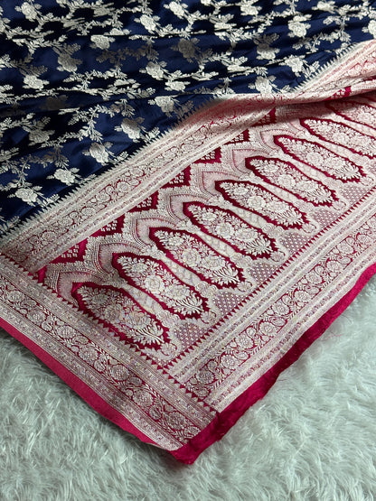 Navy with rani pink colour premium Banarasi Mashru katan silk saree MK285