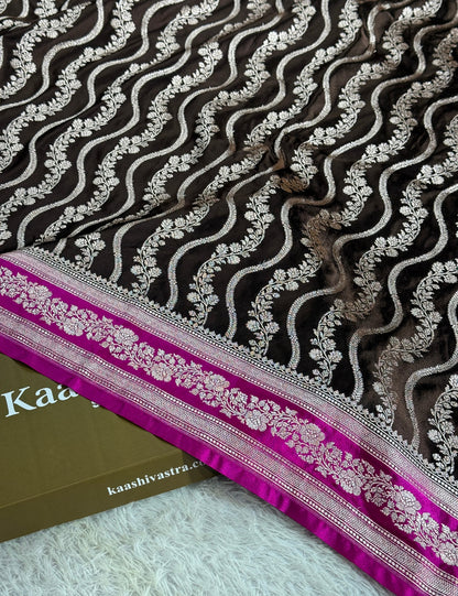 Coffee brown with pink premium Banarasi Mashru katan silk saree MK257