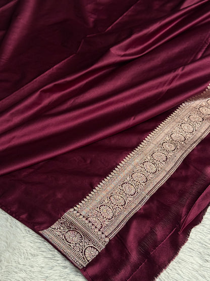 Wine with off white colour premium Banarasi Mashru katan silk saree MK290