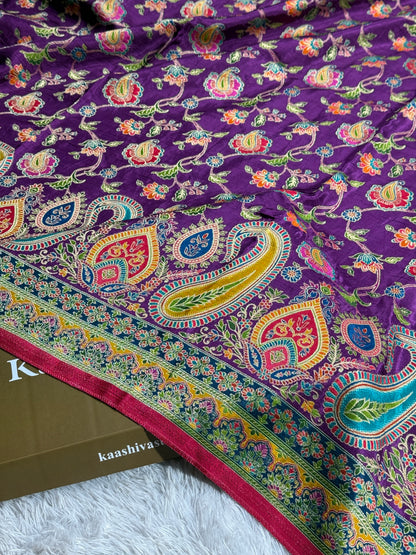 Purple color premium Banarasi pure soft satin pashmina silk saree PN101