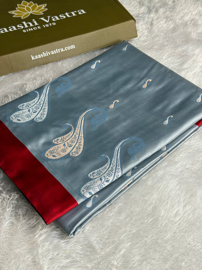 Grey with red premium Banarasi Mashru katan silk saree MK283