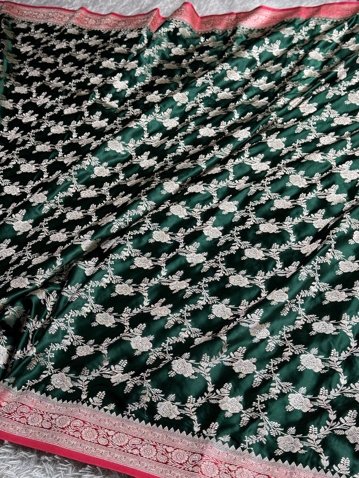 Bottle green with pink premium Banarasi Mashru katan silk saree MK285