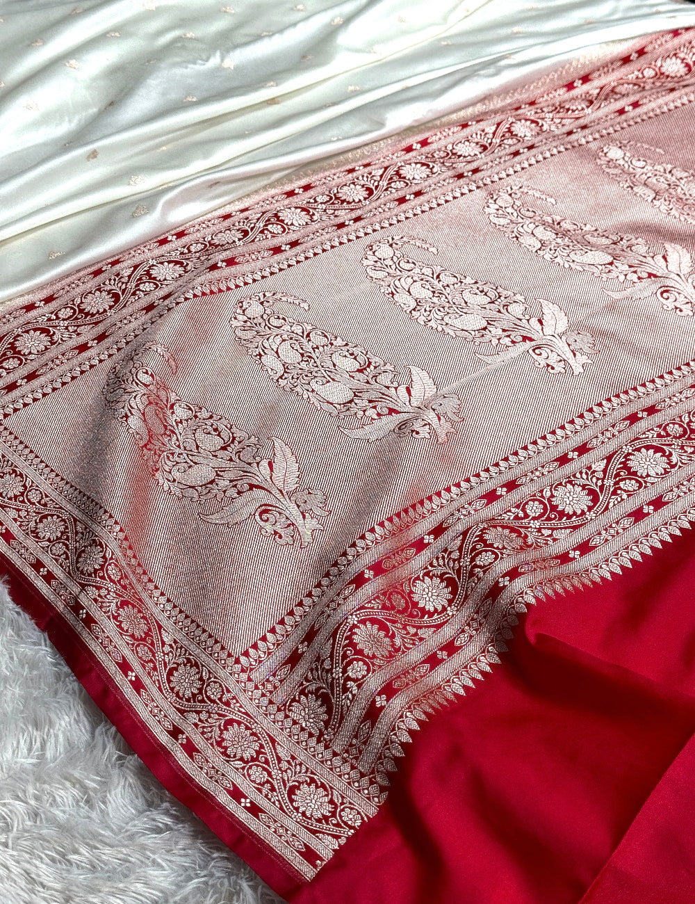 Red and off white Premium Banarasi Mashru katan silk saree MK236