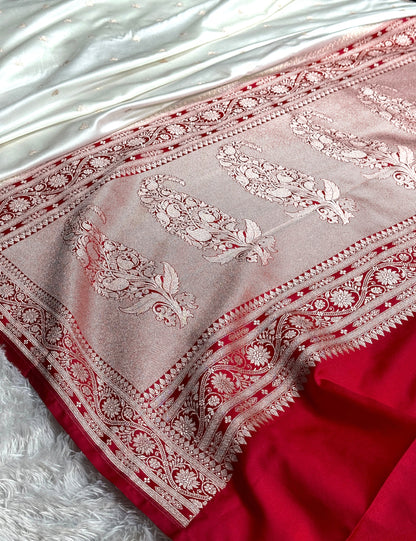Red and off white Premium Banarasi Mashru katan silk saree MK236