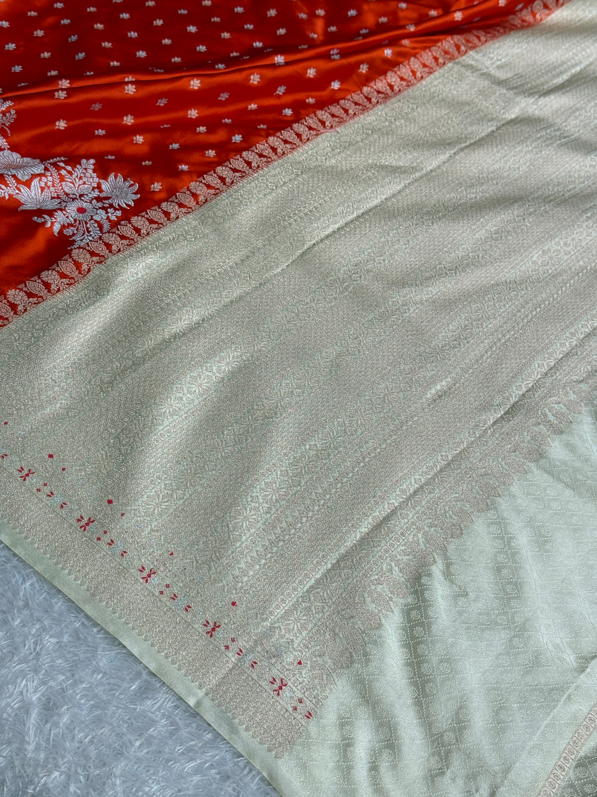 Orange with off white colour premium Banarasi Mashru katan silk saree MK312