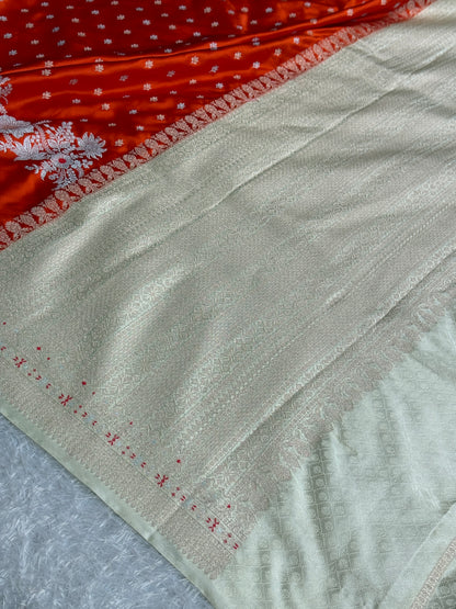 Orange with off white colour premium Banarasi Mashru katan silk saree MK312